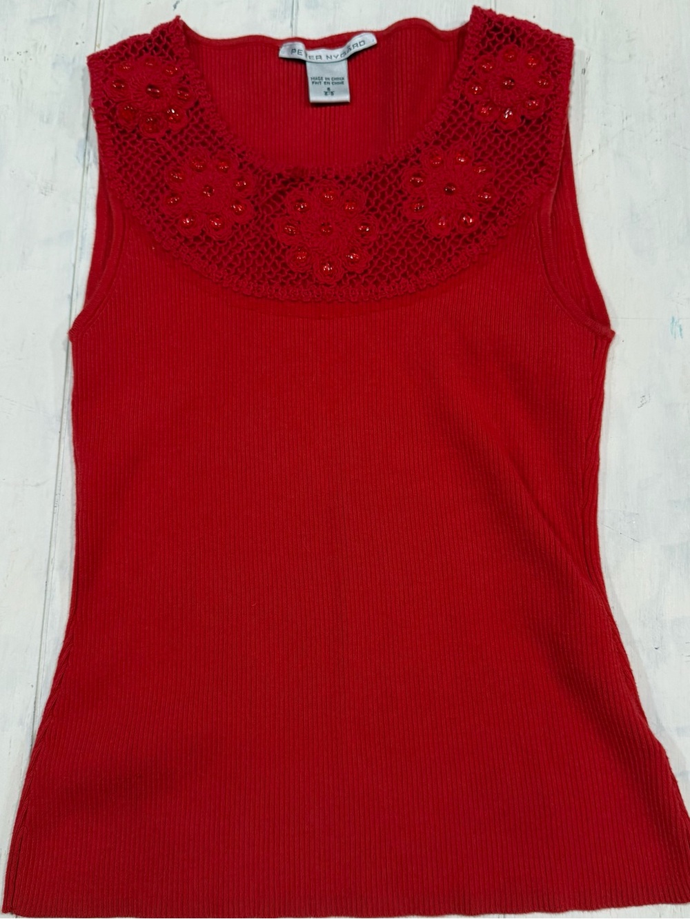 Peter Nygard Red Ribbed Knit Tank with Beaded Crochet Yoke Y2K Style